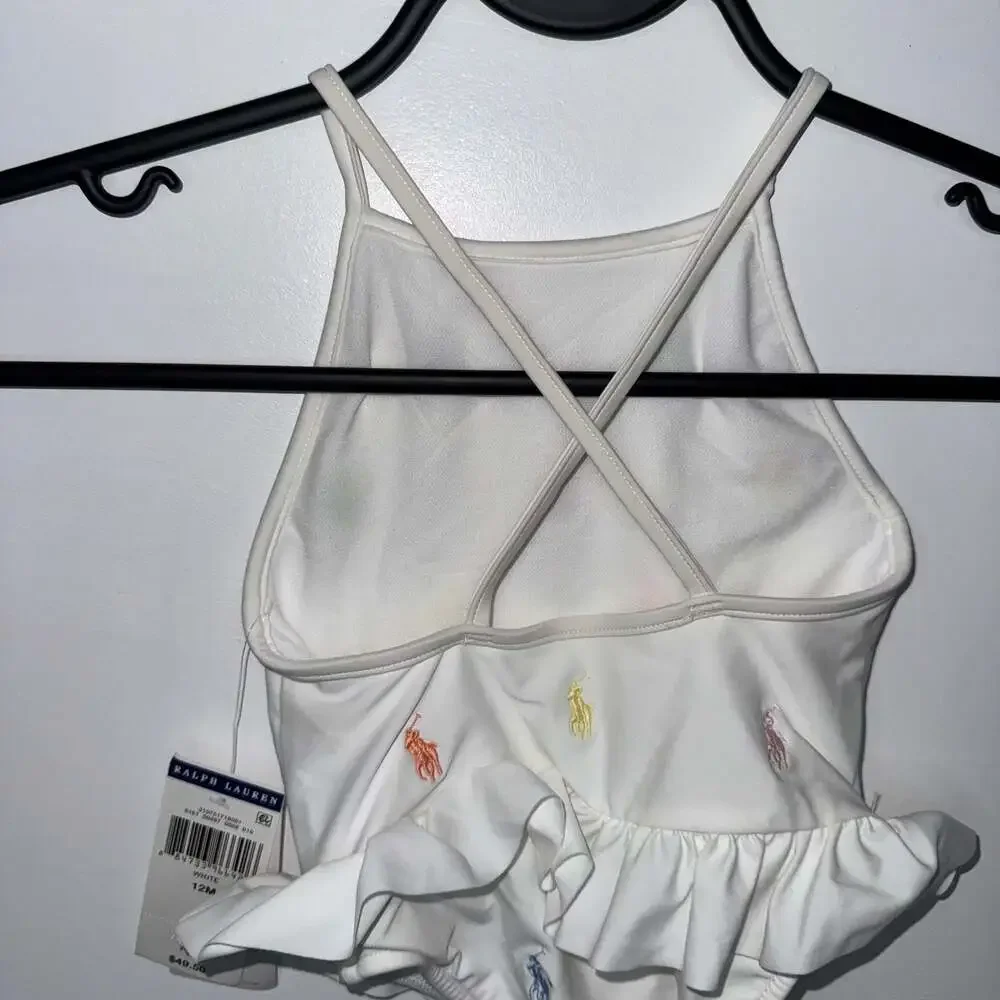 Ralph Lauren Baby Girl White Ruffled One-Piece Swimsuit Logos NWT